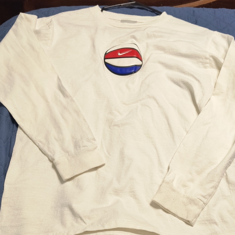 Nike White Long Sleeve Shirt with Red and Blue Puff Basketball Logo